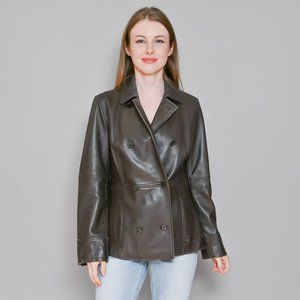 662. BROOKS BROTHERS Brown Leather Double-Breasted Jacket Sz 8